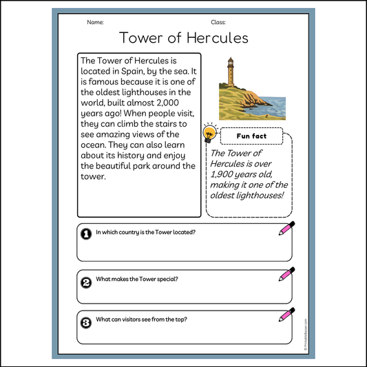 Tower of Hercules | Reading Passage Comprehension Questions Writing Facts Worksheet