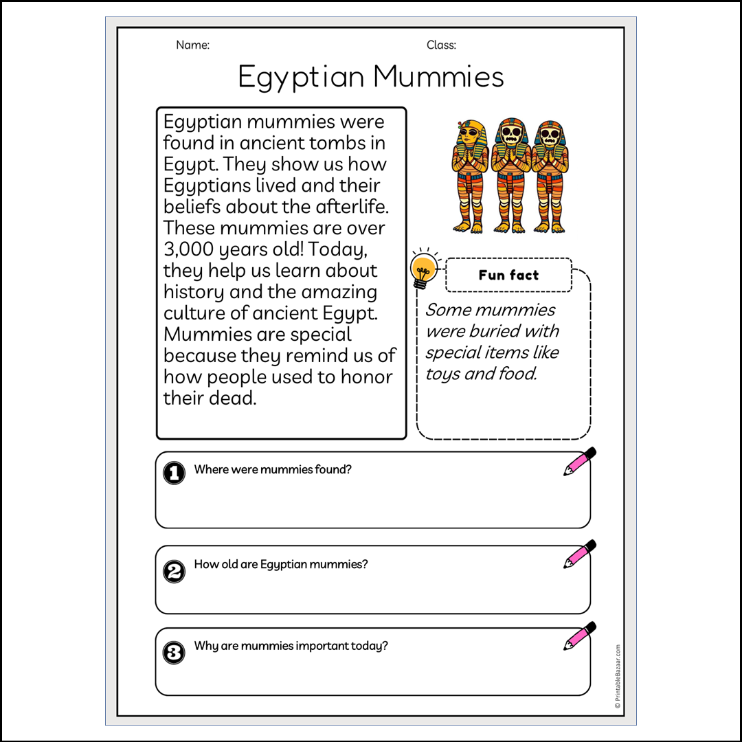 Egyptian Mummies | Reading Passage Comprehension Questions Writing Facts Worksheet