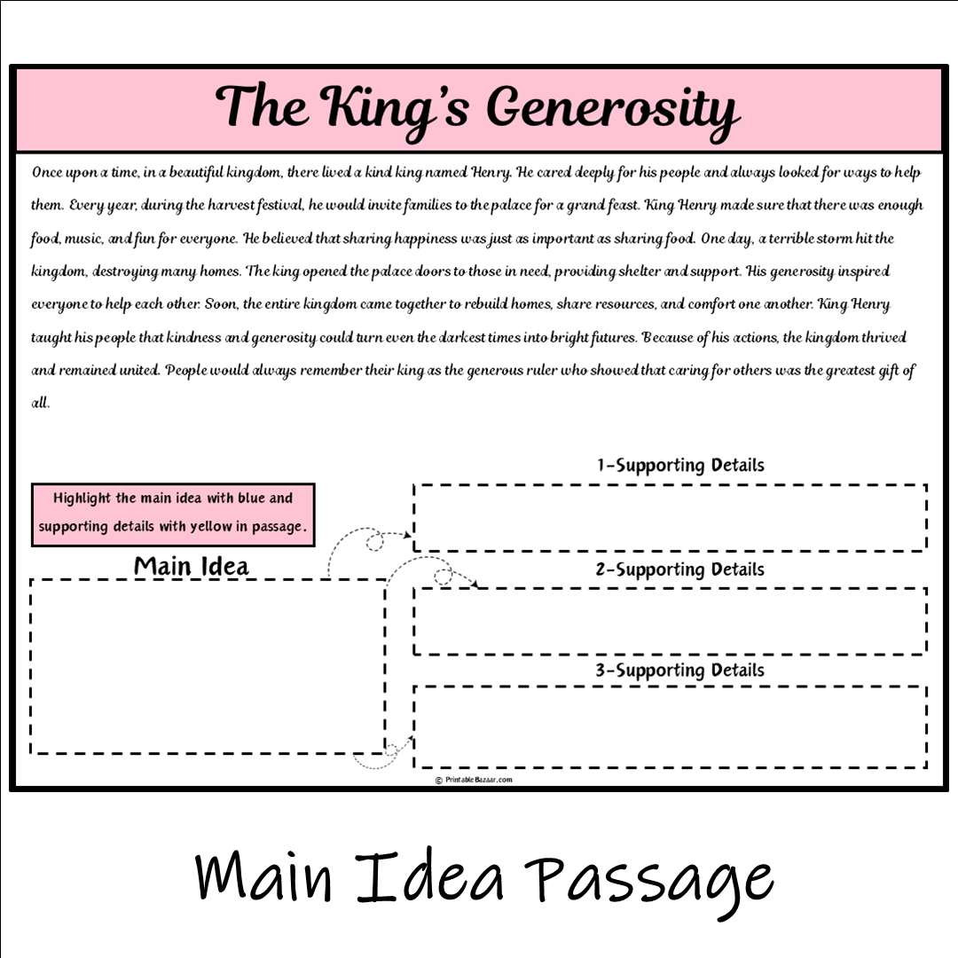 The King’s Generosity | Main Idea and Supporting Details Reading Passage and Questions