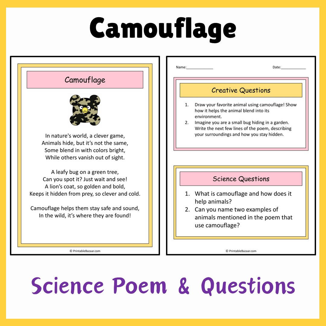 Camouflage | Science Poem Reading Comprehension Activity