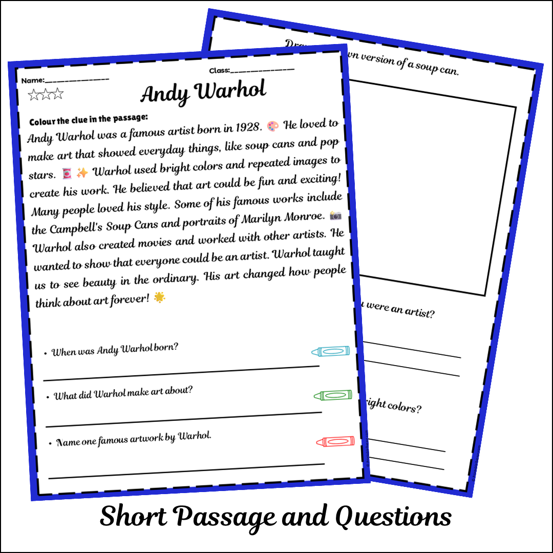 Andy Warhol | Short Reading Comprehension Creative Worksheet