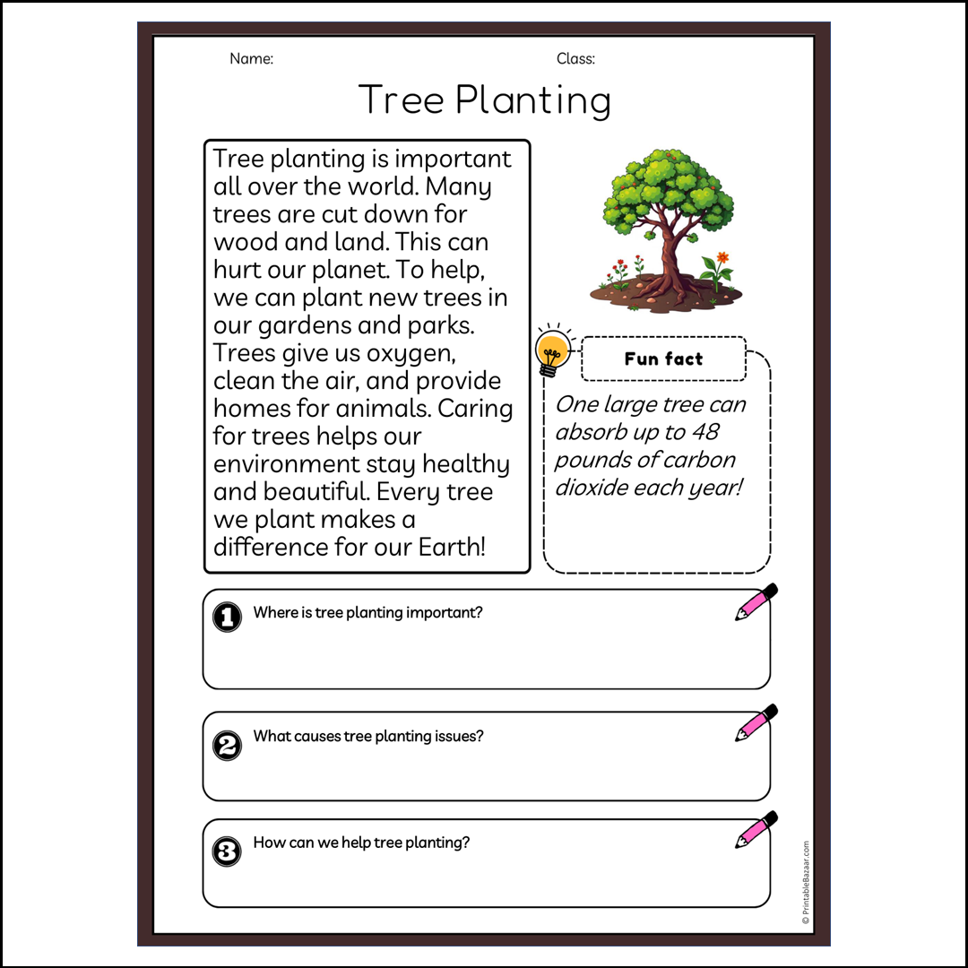 Tree Planting | Reading Passage Comprehension Questions Writing Facts Worksheet