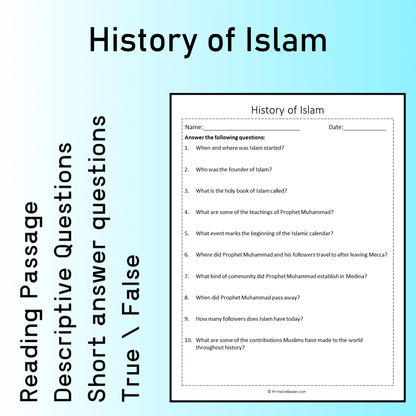 History of Islam | Reading Comprehension Passage Printable Worksheet