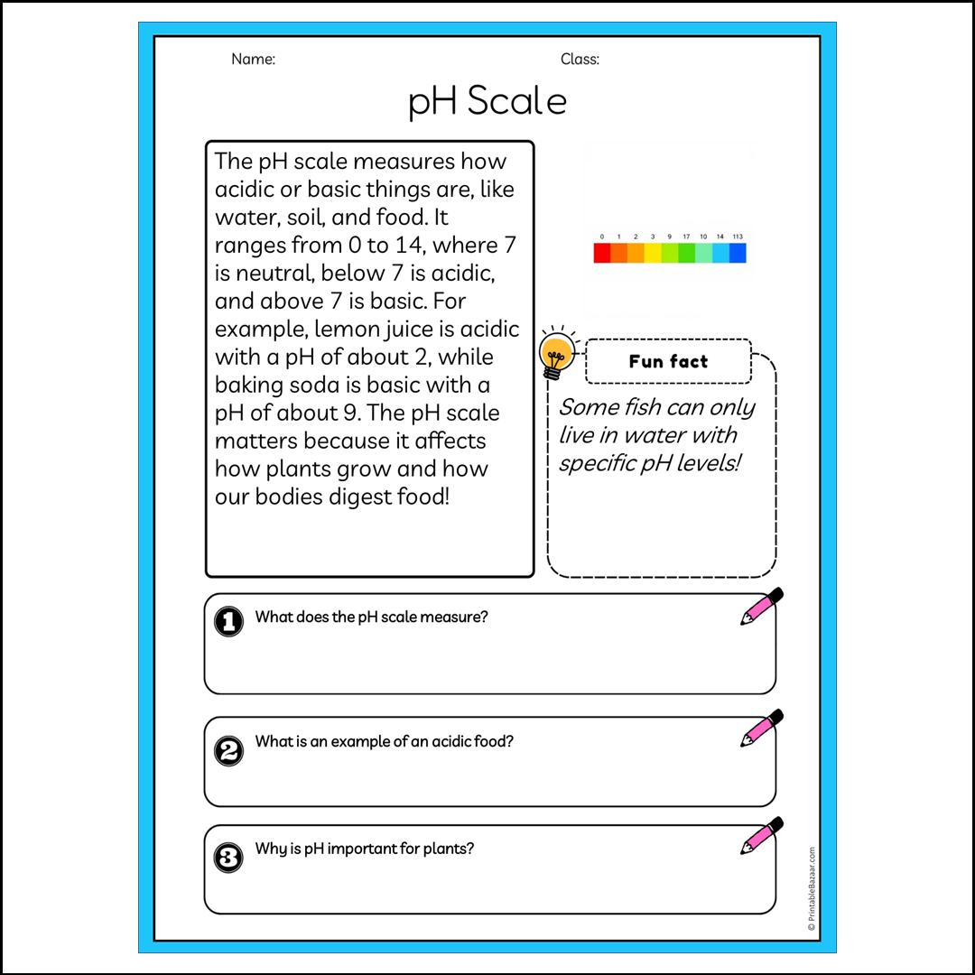 pH Scale | Reading Passage Comprehension Questions Writing Facts Worksheet