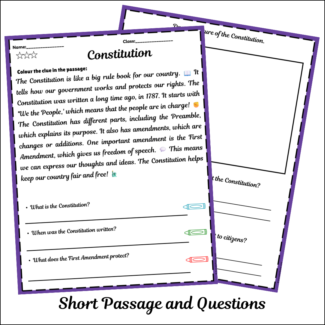 Constitution | Short Reading Comprehension Creative Worksheet