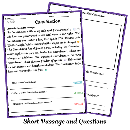 Constitution | Short Reading Comprehension Creative Worksheet