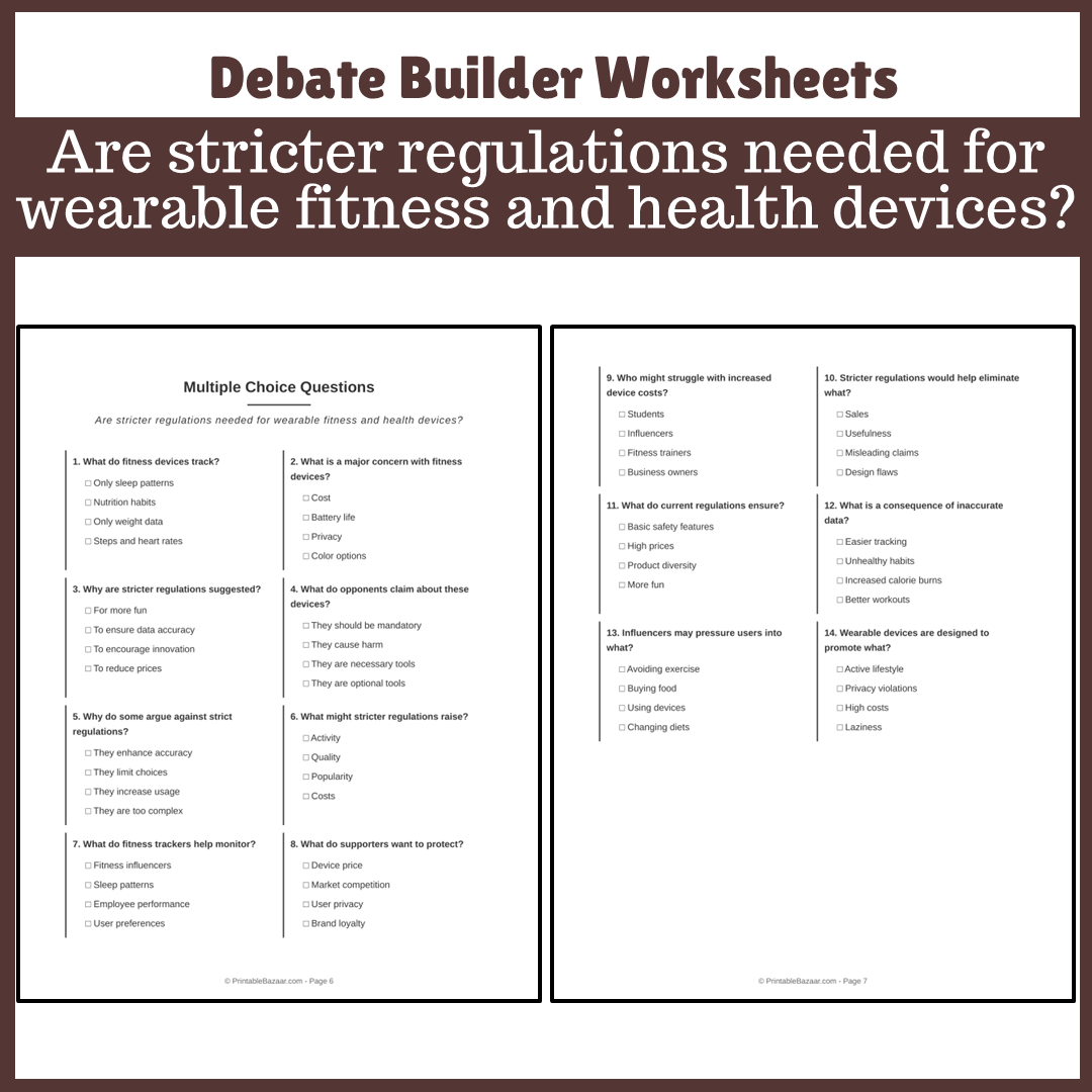 Are stricter regulations needed for wearable fitness and health devices? | Favour and Against Worksheet Printable Activity