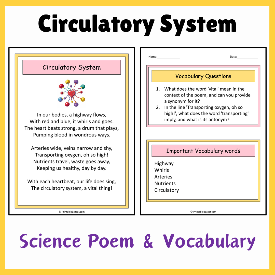 Circulatory System | Science Poem Reading Comprehension Activity