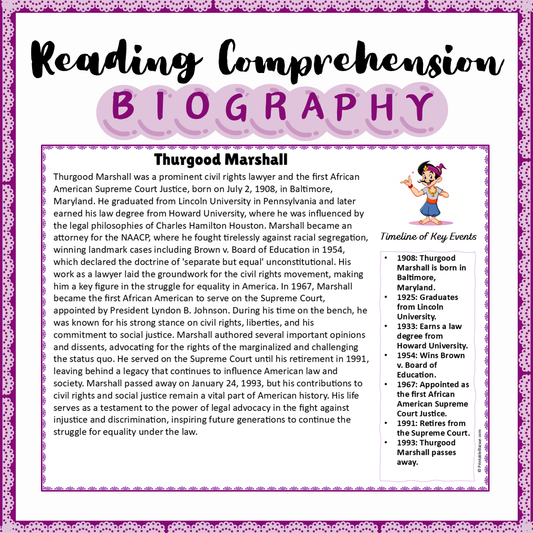 Thurgood Marshall | Biography Reading Comprehension and Questions Worksheet