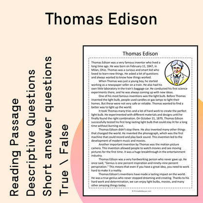 Thomas Edison | Reading Comprehension Passage Printable Activity