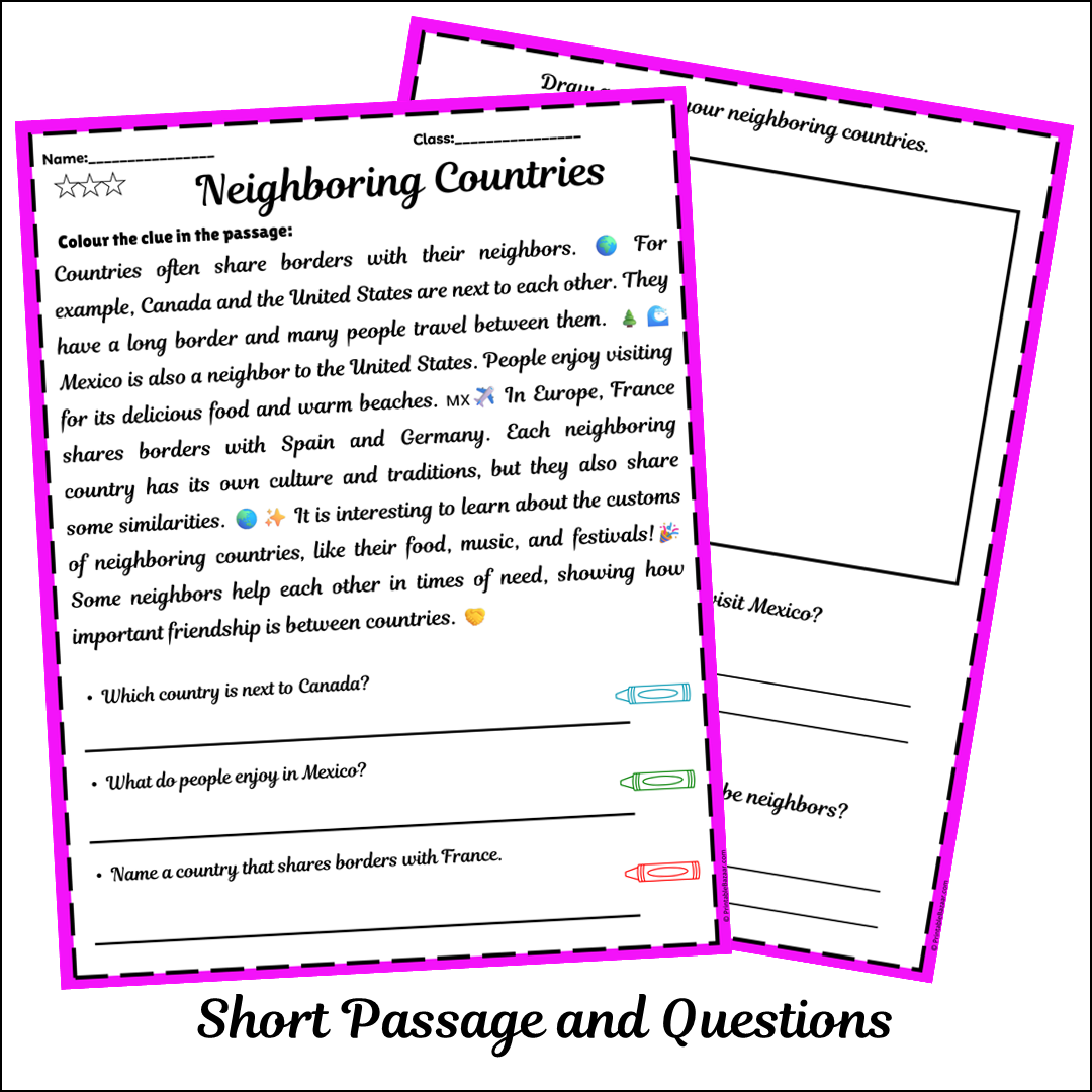 Neighboring Countries | Short Reading Comprehension Creative Worksheet