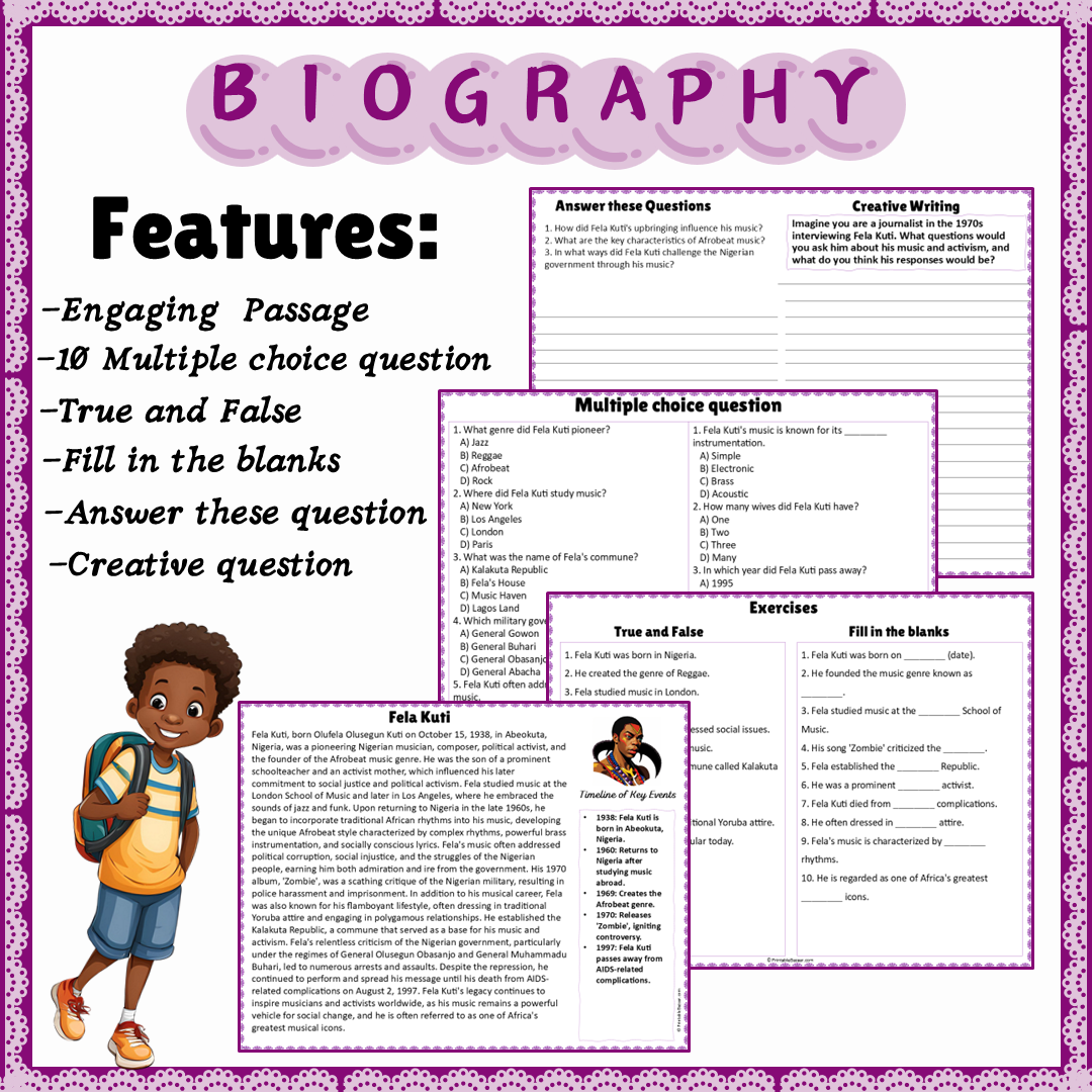 Fela Kuti | Biography Reading Comprehension and Questions Worksheet