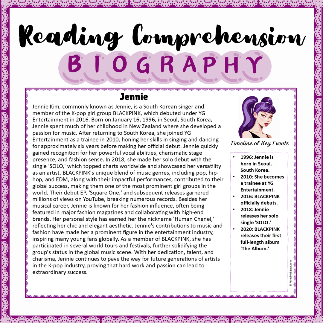 Jennie | Biography Reading Comprehension and Questions Worksheet