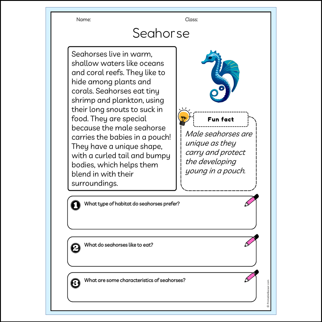 Seahorse | Reading Passage Comprehension Questions Writing Facts Worksheet