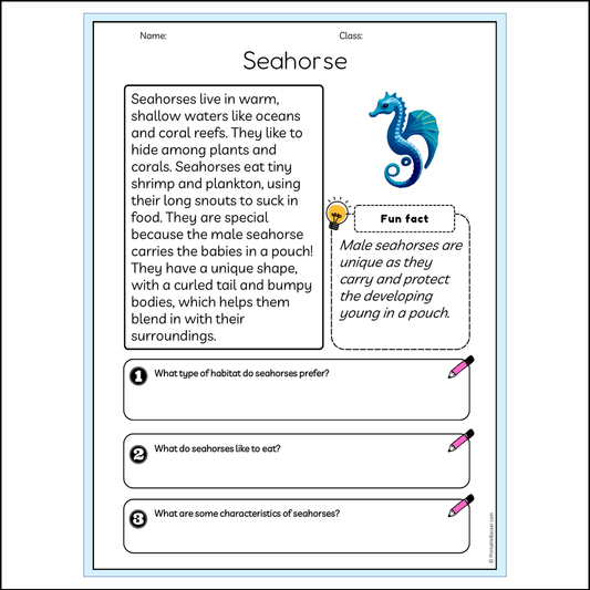 Seahorse | Reading Passage Comprehension Questions Writing Facts Worksheet