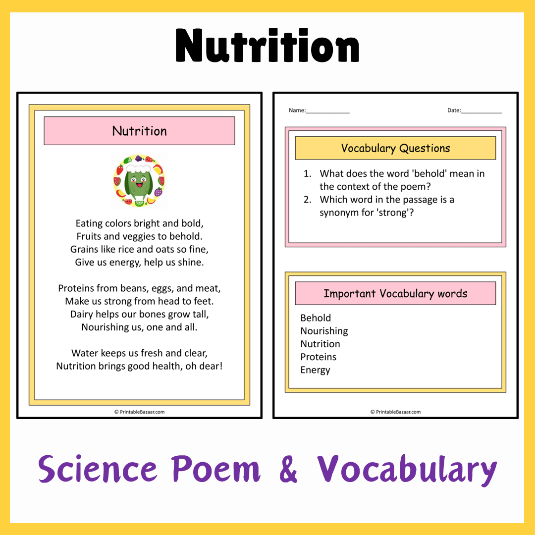 Nutrition | Science Poem Reading Comprehension Activity