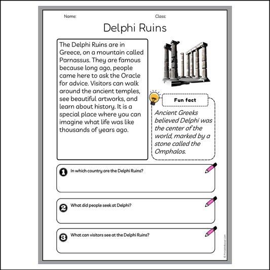 Delphi Ruins | Reading Passage Comprehension Questions Writing Facts Worksheet