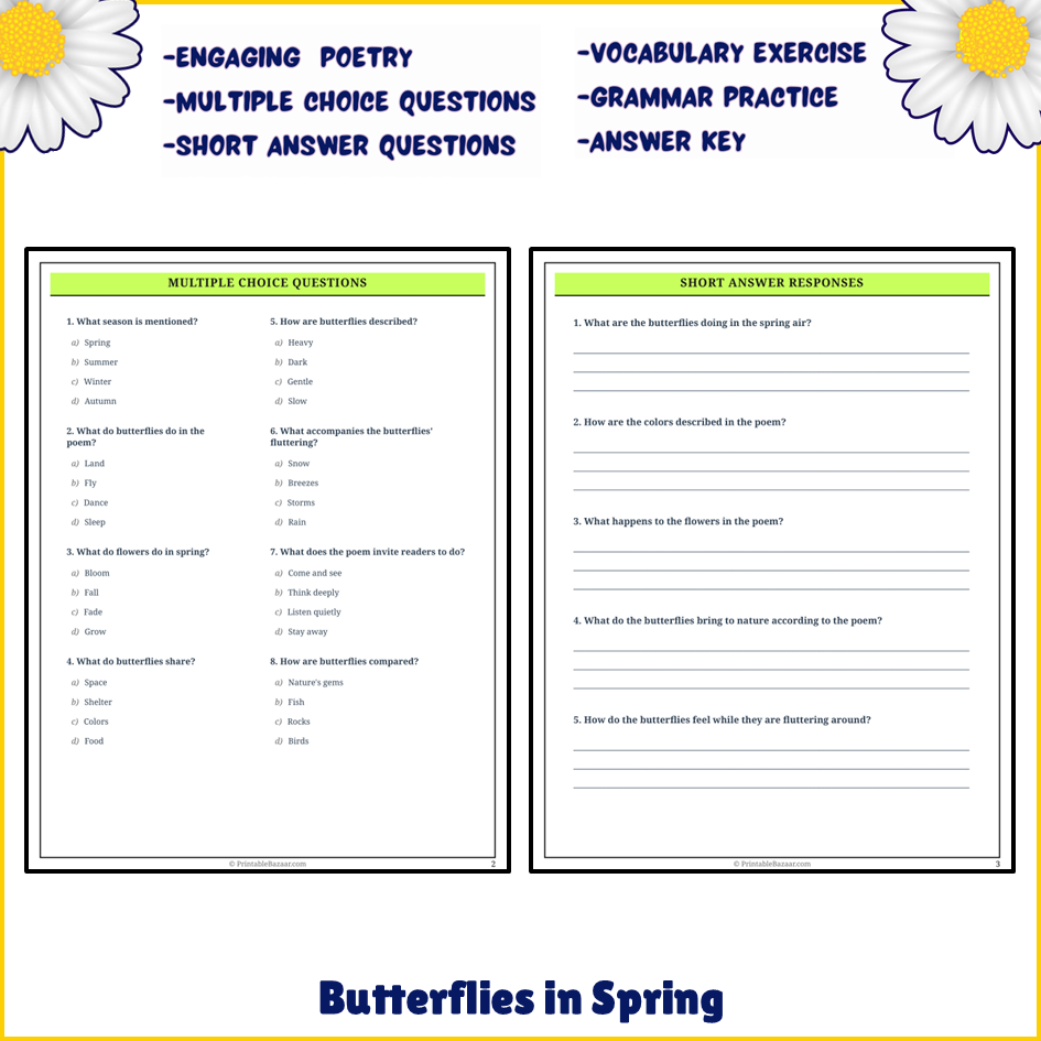 Butterflies in Spring | Poem Grammar Worksheet Printable Activity