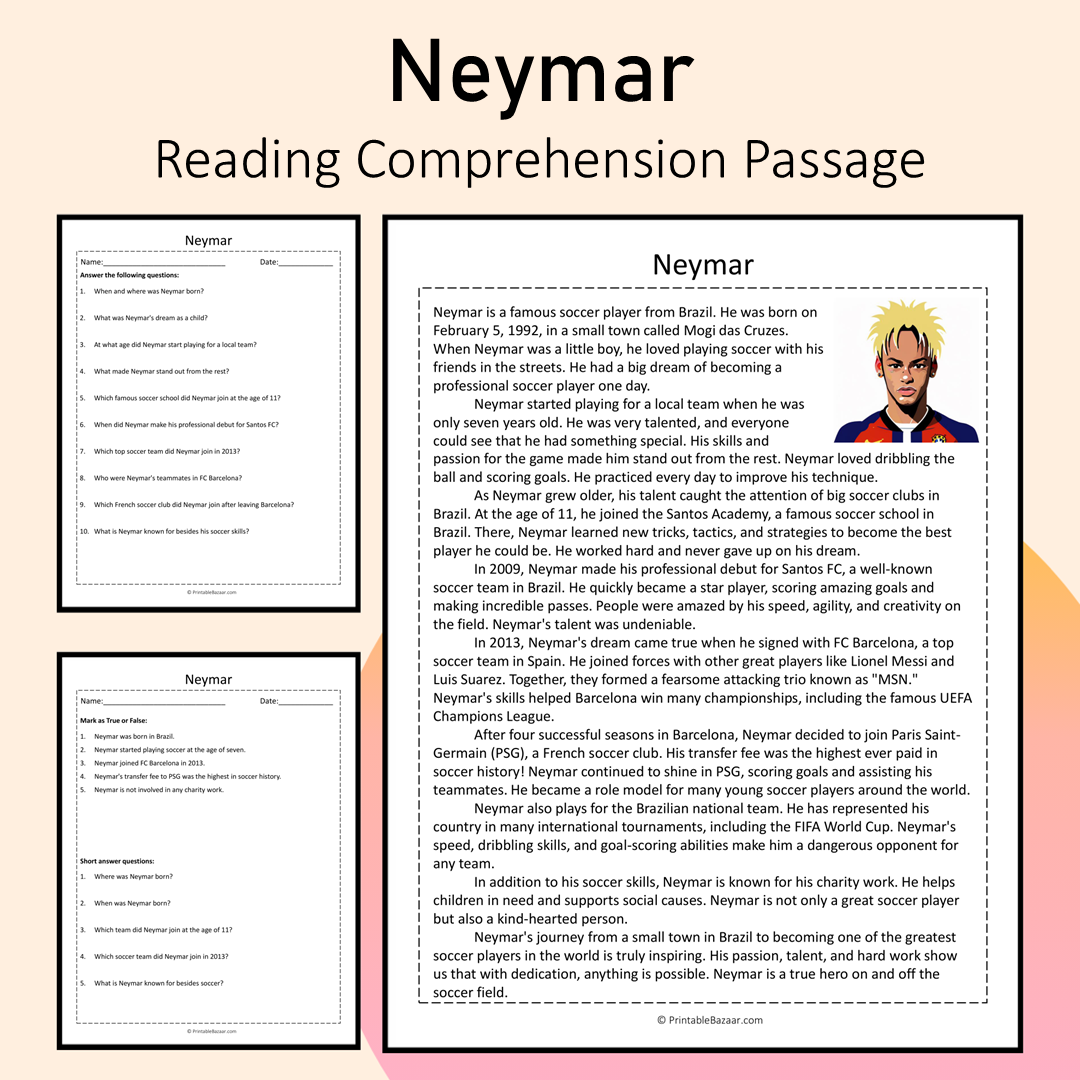 Neymar | Reading Comprehension Passage Printable Activity