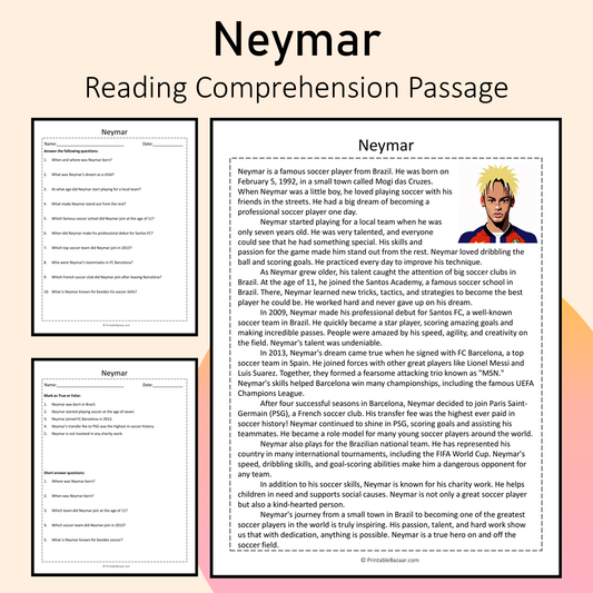 Neymar | Reading Comprehension Passage Printable Activity