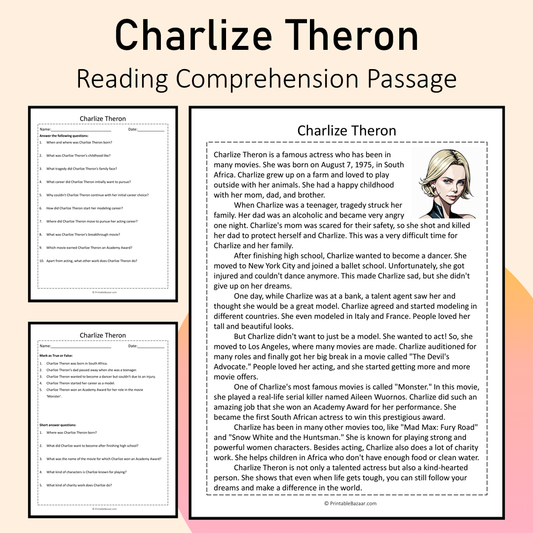 Charlize Theron | Reading Comprehension Passage Printable Activity