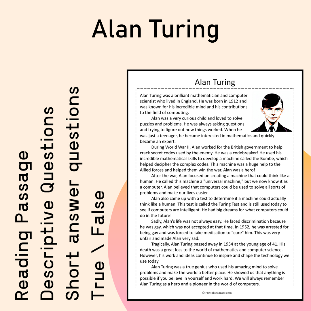 Alan Turing | Reading Comprehension Passage Printable Activity