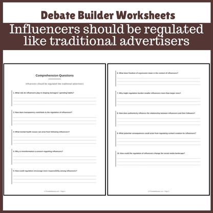 Influencers should be regulated like traditional advertisers | Favour and Against Worksheet Printable Activity