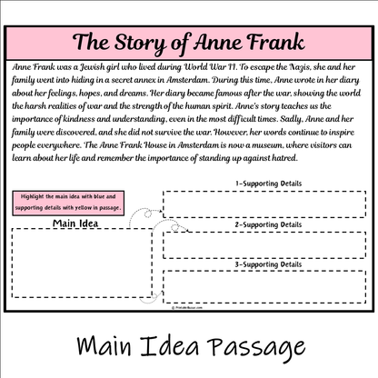 The Story of Anne Frank | Main Idea and Supporting Details Reading Passage and Questions