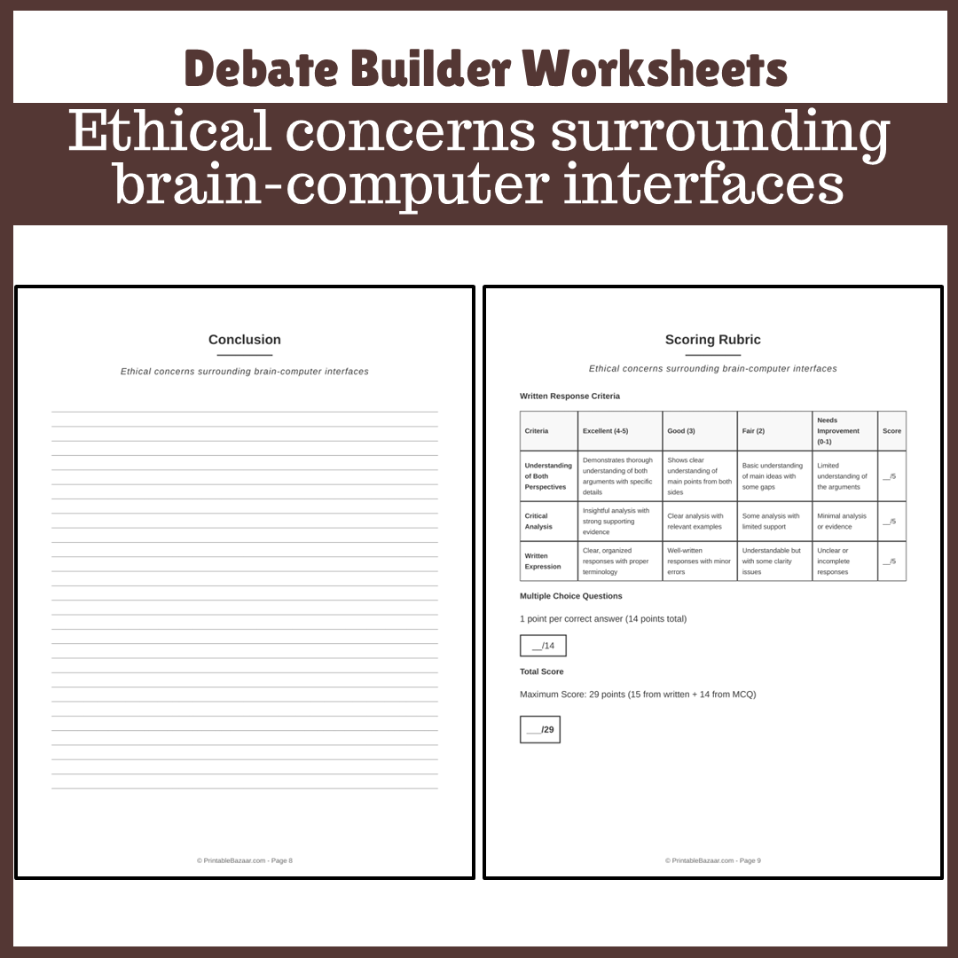 Ethical concerns surrounding brain-computer interfaces | Favour and Against Worksheet Printable Activity