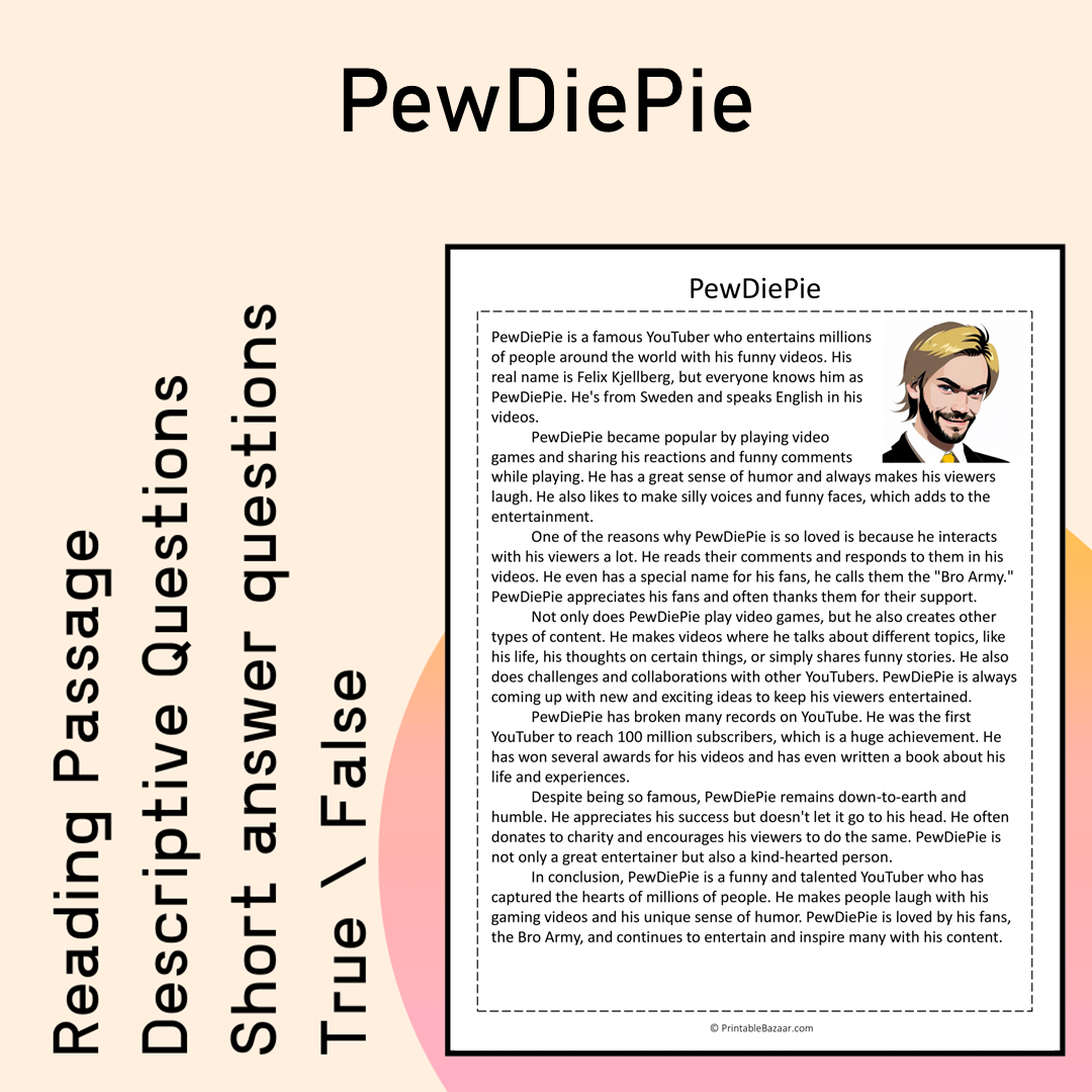 PewDiePie | Reading Comprehension Passage Printable Activity