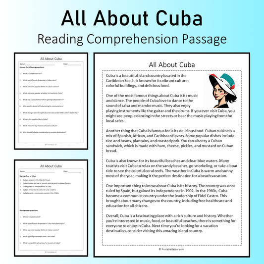 All About Cuba | Reading Comprehension Passage Printable Worksheet