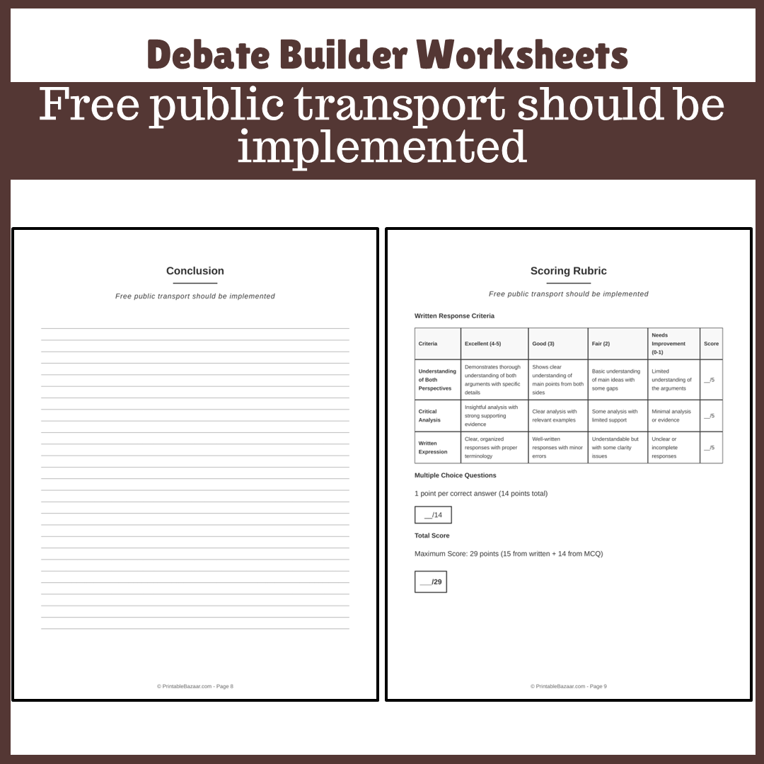 Free public transport should be implemented | Favour and Against Worksheet Printable Activity