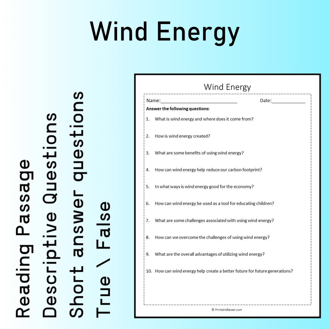 Wind Energy | Reading Comprehension Passage Printable Worksheet