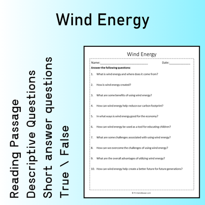 Wind Energy | Reading Comprehension Passage Printable Worksheet