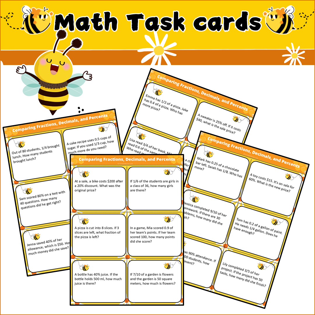 Comparing Fractions, Decimals, and Percents | Math Task Cards