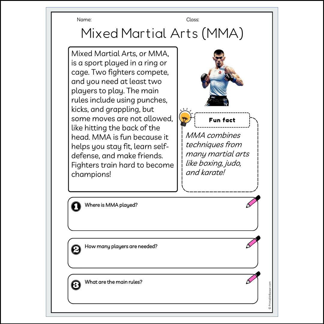 Mixed Martial Arts (MMA) | Reading Passage Comprehension Questions Writing Facts Worksheet