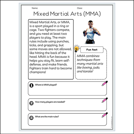 Mixed Martial Arts (MMA) | Reading Passage Comprehension Questions Writing Facts Worksheet