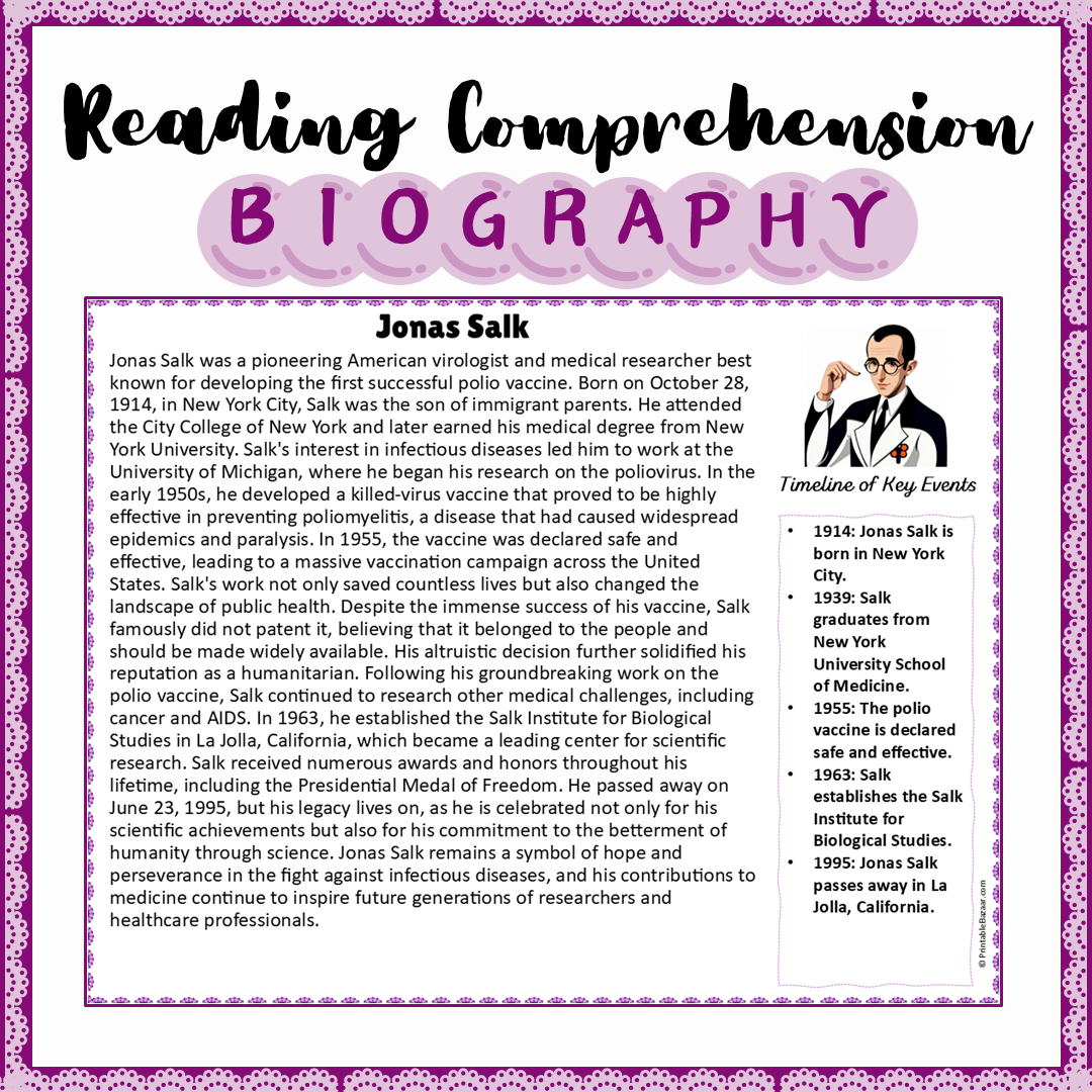 Jonas Salk | Biography Reading Comprehension and Questions Worksheet