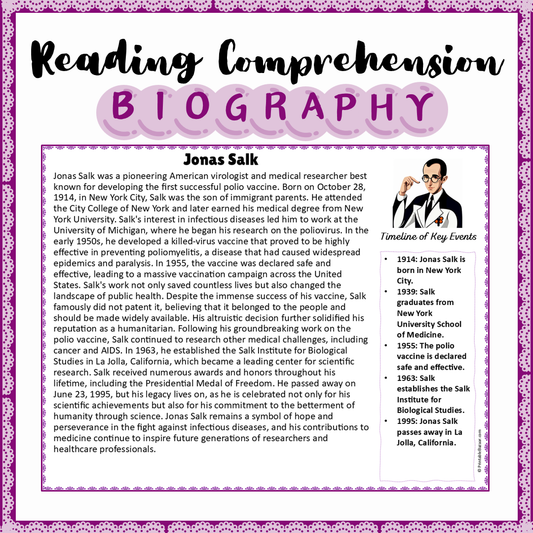 Jonas Salk | Biography Reading Comprehension and Questions Worksheet