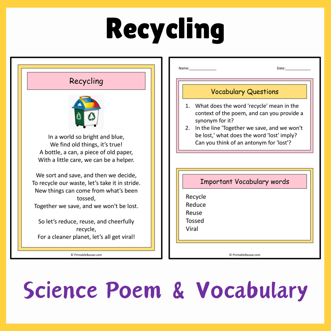 Recycling | Science Poem Reading Comprehension Activity