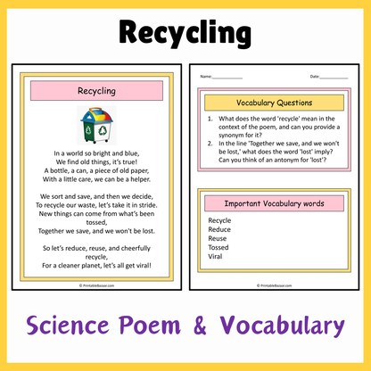 Recycling | Science Poem Reading Comprehension Activity