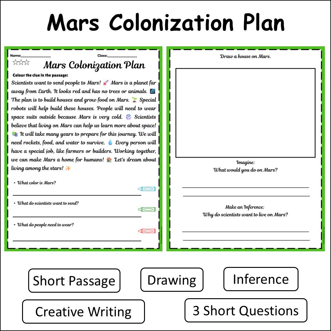Mars Colonization Plan | Short Reading Comprehension Creative Worksheet