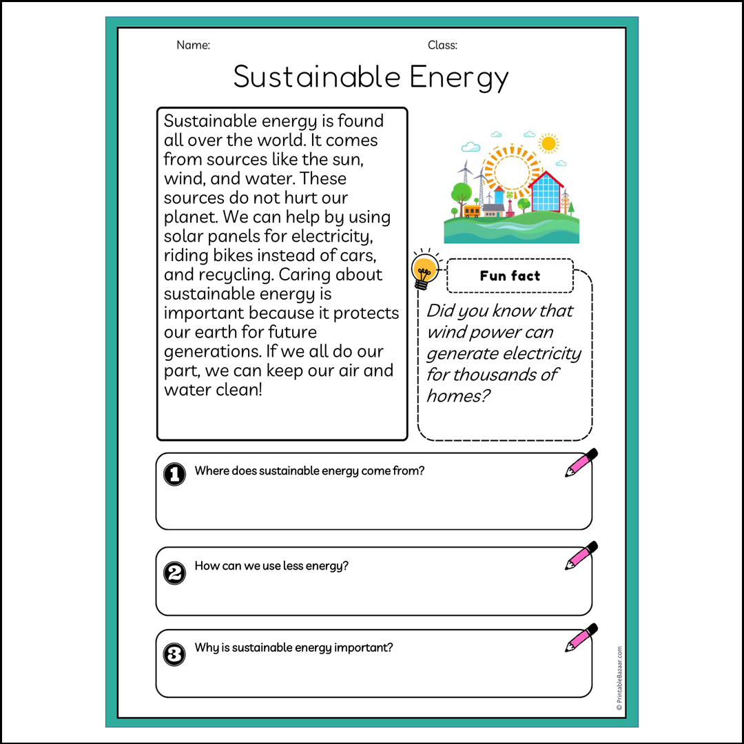 Sustainable Energy | Reading Passage Comprehension Questions Writing Facts Worksheet