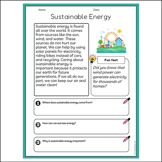 Sustainable Energy | Reading Passage Comprehension Questions Writing Facts Worksheet