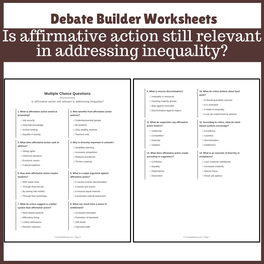 Is affirmative action still relevant in addressing inequality? | Favour and Against Worksheet Printable Activity