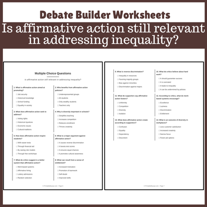 Is affirmative action still relevant in addressing inequality? | Favour and Against Worksheet Printable Activity