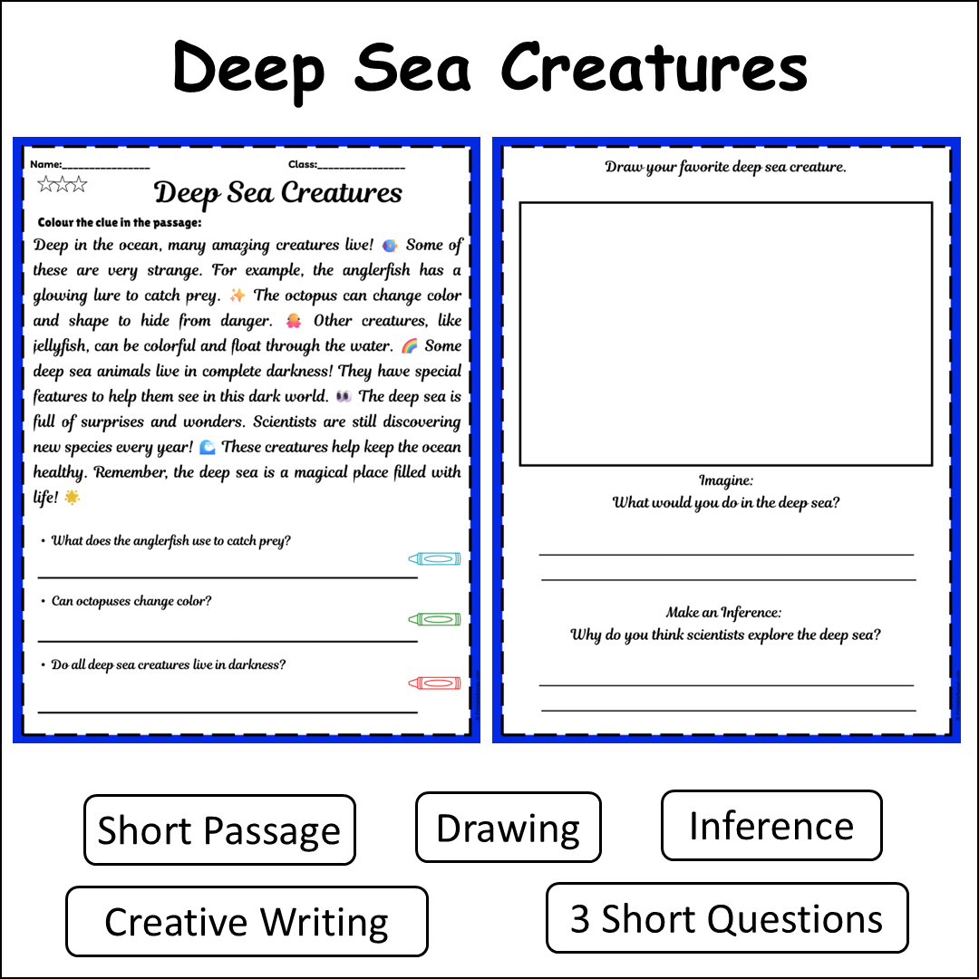 Deep Sea Creatures | Short Reading Comprehension Creative Worksheet