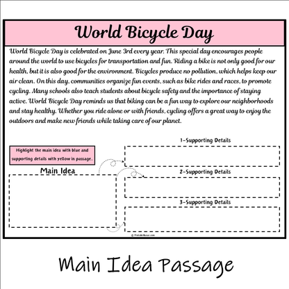 World Bicycle Day | Main Idea and Supporting Details Reading Passage and Questions