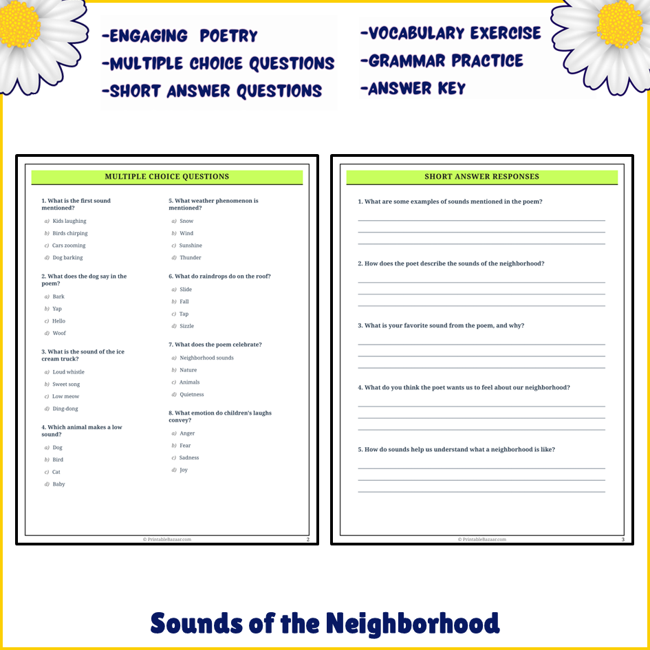 Sounds of the Neighborhood | Poem Grammar Worksheet Printable Activity