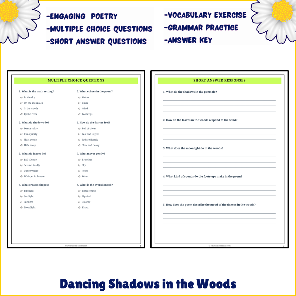 Dancing Shadows in the Woods | Poem Grammar Worksheet Printable Activity